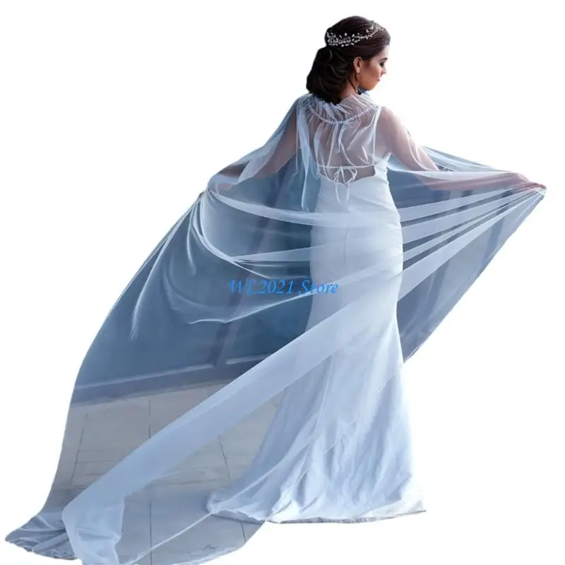 

G5GC Soft Mesh Bridal Wrap with Pearls Detail And Flowing Train Design for Wedding Ceremony Photography Shawl Accessory