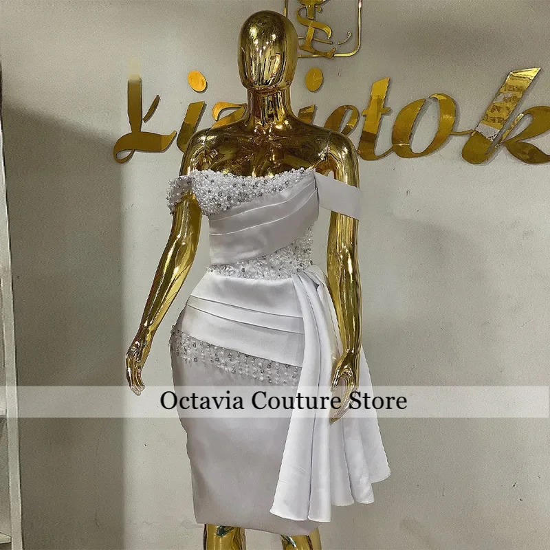 Modern Cocktail Dresses for Teens Off the Shoulder Beads Rhinestones Pleat Knee Length Vestidos De Formatura Customized