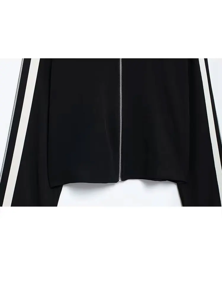 HH 2024 Female Street Trendy Trousers Suits Lapel Zipper Cropped Jackets+Elastic Waist Wide Leg Long Pants Causal Autumn Set