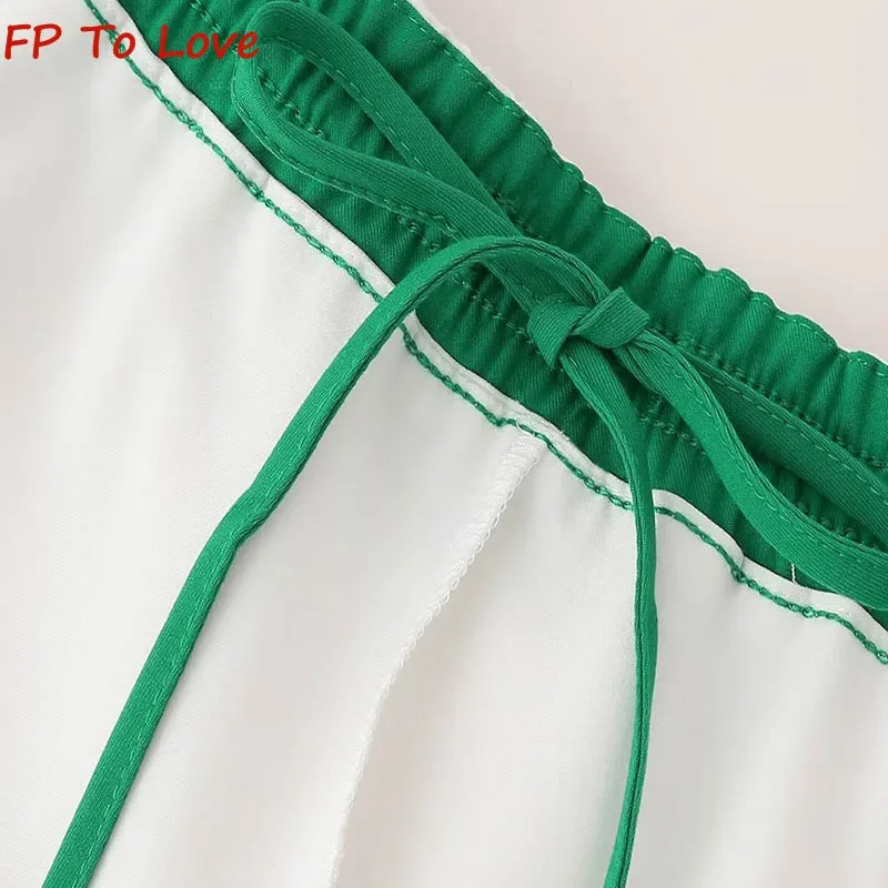 Y2K Vintage College Style White Piped Skirt Pants Design Collision Drawstring Wide Leg Hot Pants 1255406