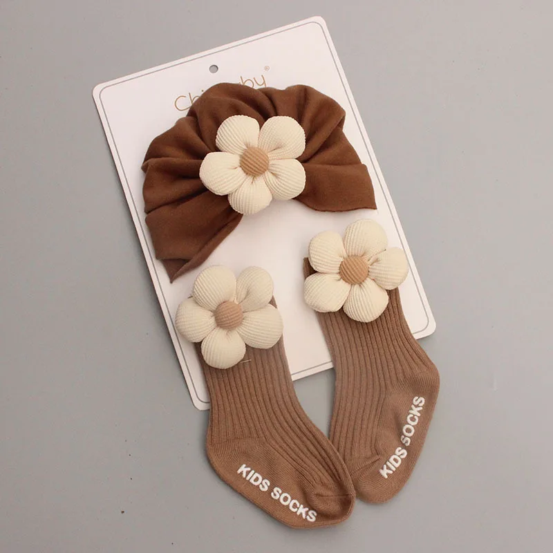 0-12M Infant Accessories Cute Flower Autumn Winter Cotton Warm Newborn Baby Bebe Girl Hat Socks Two Pieces Set