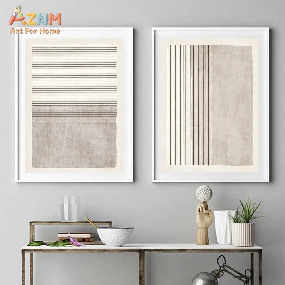 AZNM Frameless Canvas Wall Art, Beige Neutral Linear Geometric Abstract Art Print Poster for Wabi Sabi Style Entryway Living Roo
