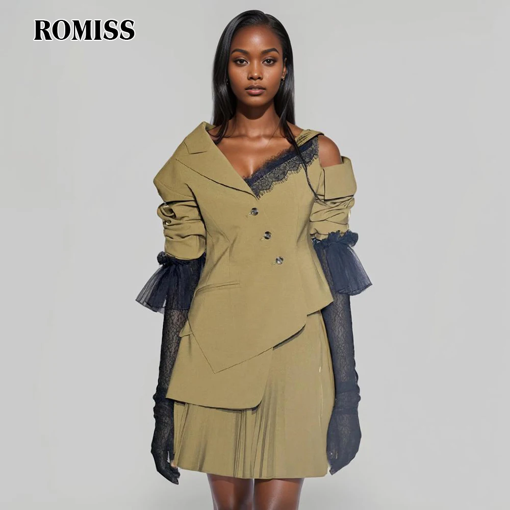 

ROMISS Patchwork Lace Asymmetrical Coat For Women Irregular Collar Long Sleeve Spliced Button Streetwear Jacket Female New