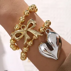 1pc Stylish And Simple Bow And Love Pendant Copper Plated 18k Gold Beaded Bracelet, Suitable For Couples Daily Wear