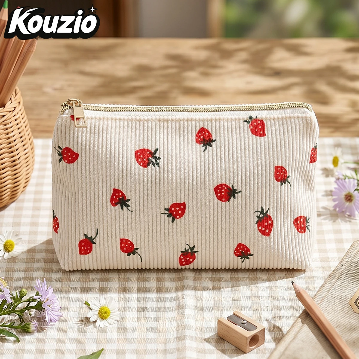 Strawberry Corduroy Triangle Pencil Case Zipper Pen Bag Unique Shape Stationery Organizer Vintage Style Back to School Supplies