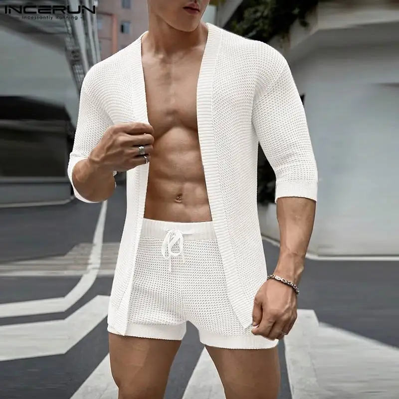 INCERUN Men Sets Solid Color Half Sleeve Cardigan & Drawstring Shorts Two Pieces Sets Streetwear 2024 Summer Men\'s Casual Suits