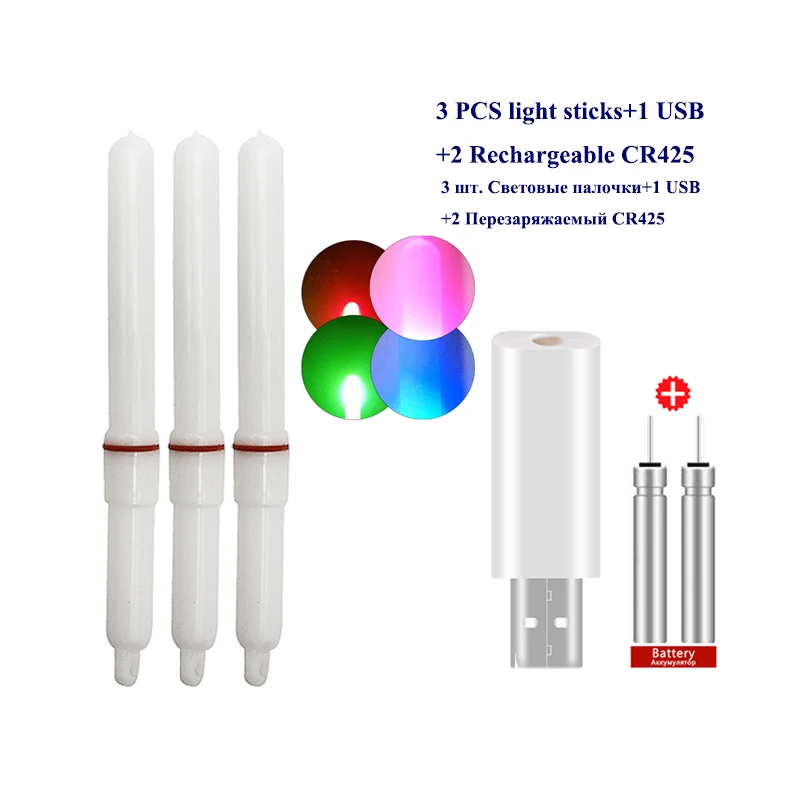 3PCS Night Glow Sticks+1USB+2 Rechargeable CR425 Sea Fishing Lightstick Luminous Fishing Stick Bright Electric Fishing Tools