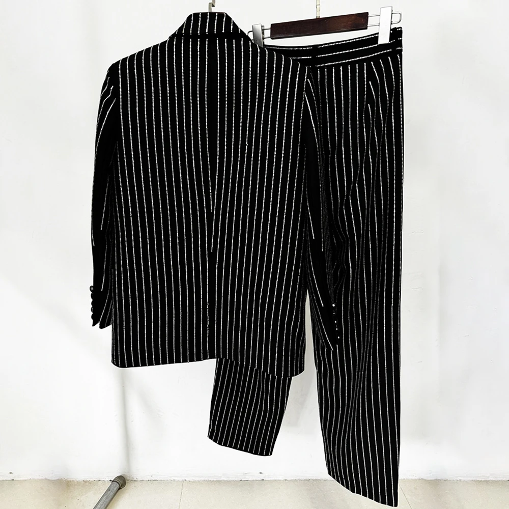 TWOTWINSTYLE Striped Elegant Two Piece Set For Women Notched Collar Blazer High Waist Wide Leg Pant Loose Sets Female Fashion