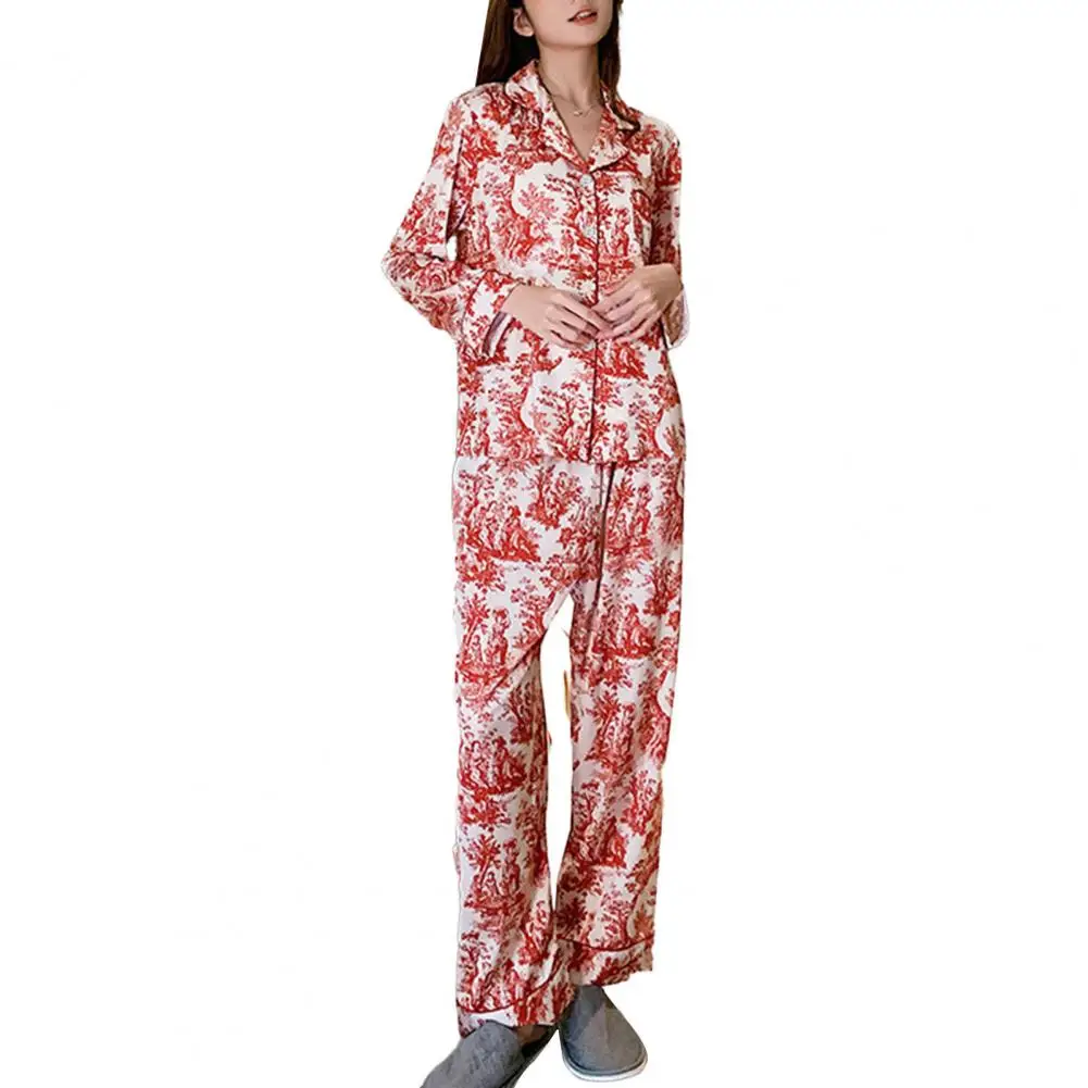 Two-piece Loungewear Set Women Suit Floral Print Women's Pajama Set Stylish Single-breasted Homewear with Loose for Spring/fall