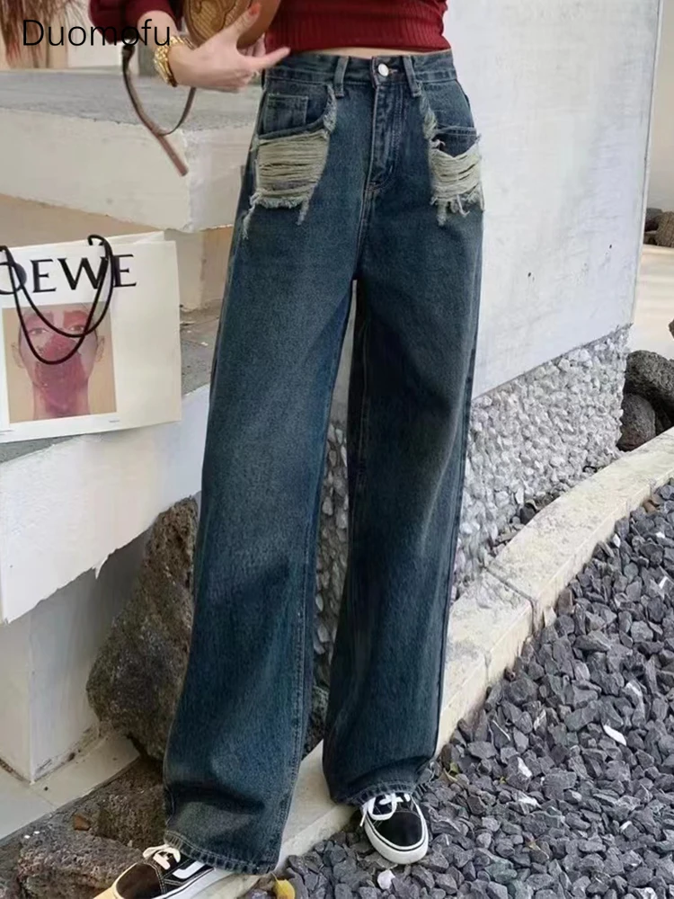 Duomofu blau schick hohe Taille schlanke lässige weibliche Jeans Frühling gewaschen Mode zerrissene Tasche einfache in voller Länge lose Frauen Jeans