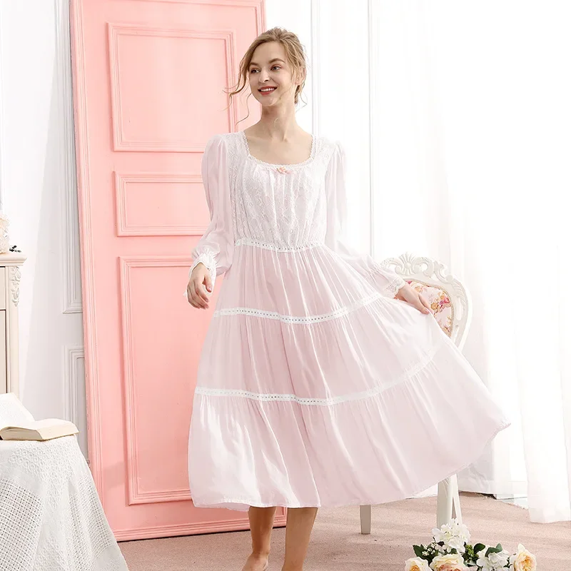 Romantic Cotton Nightgowns Women Autumn Long Sleeve White Pink Sweet Lace Loose Night Dress Victorian Vintage Princess Sleepwear