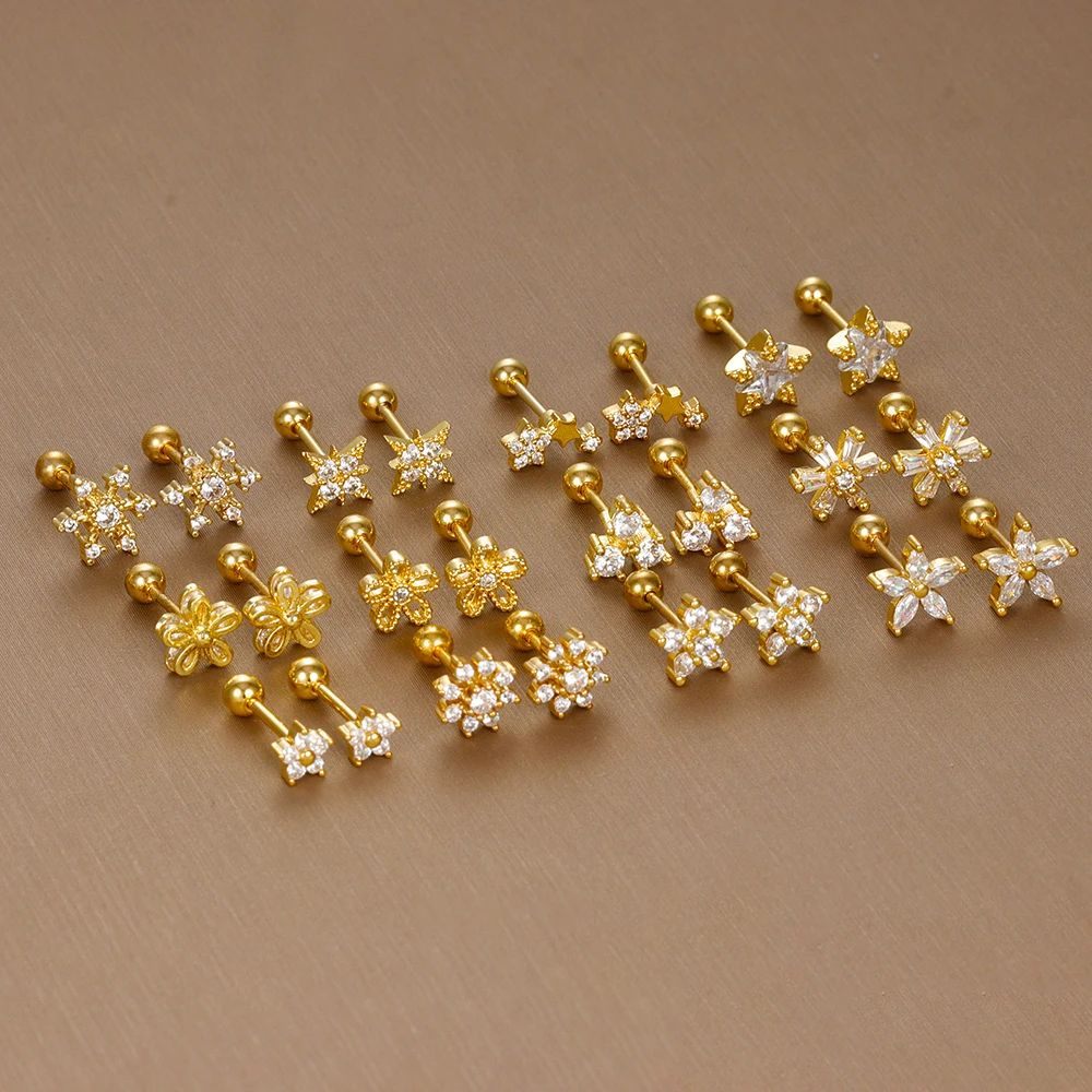 Pendientes pequeños con forma de estrella y flores de circonita CZ para mujer, joyería para Piercing de cartílago del trago de hélice de acero inoxidable, Color dorado a la moda