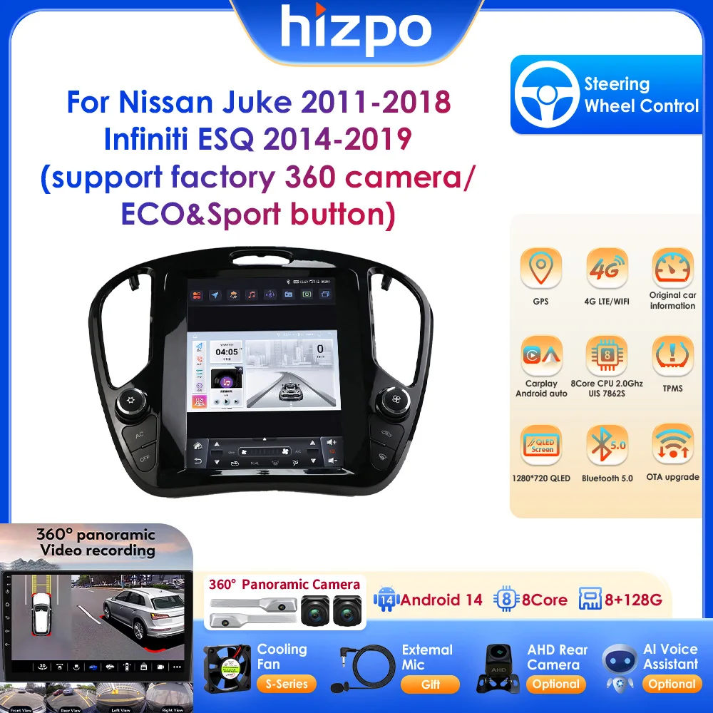 Radio de coche con GPS, Android Auto y CarPlay de 9.7 pulgadas para Nissan Juke 2011-2018 / Infiniti ESQ 2014-2019. Compatible con cámara 360 y botón ECO/Sport.