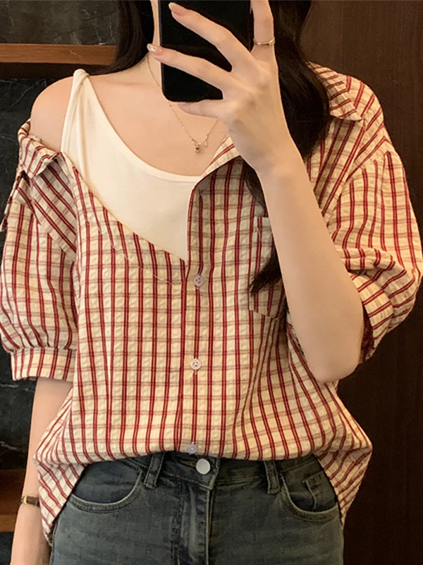 

Summer Plaid Loose Fit Short Sleeve Shirt plus Size Women's Clothing Conceal Body Splice Design Korean Style Commute Fashion