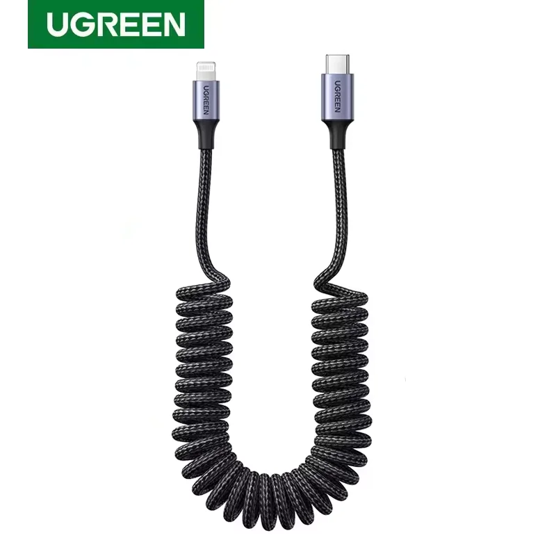 UGREEN MFI Car Spring Retractable USB IOs 8 Pin Cable PD Fast Charging Nylon Braided Data Cable for   iPhone 16 15 14