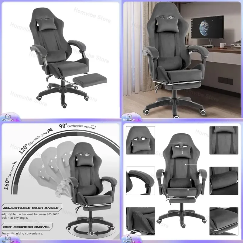 Cadeira Ergonômica para Jogos com Tecido de Veludo Fosco, Suporte Lombar Ajustável, Encosto Reclinável, Base de Liga de Alumínio e Nylon