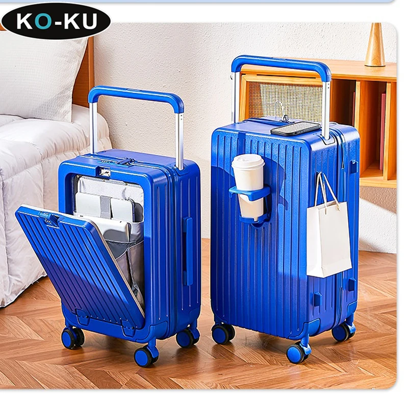 KO-KU Luggage 24 inch Wide Trolley 2024 New Front Opening Lid Suitcase Cup holder Type-C Port Universal Wheel  Trolley Case