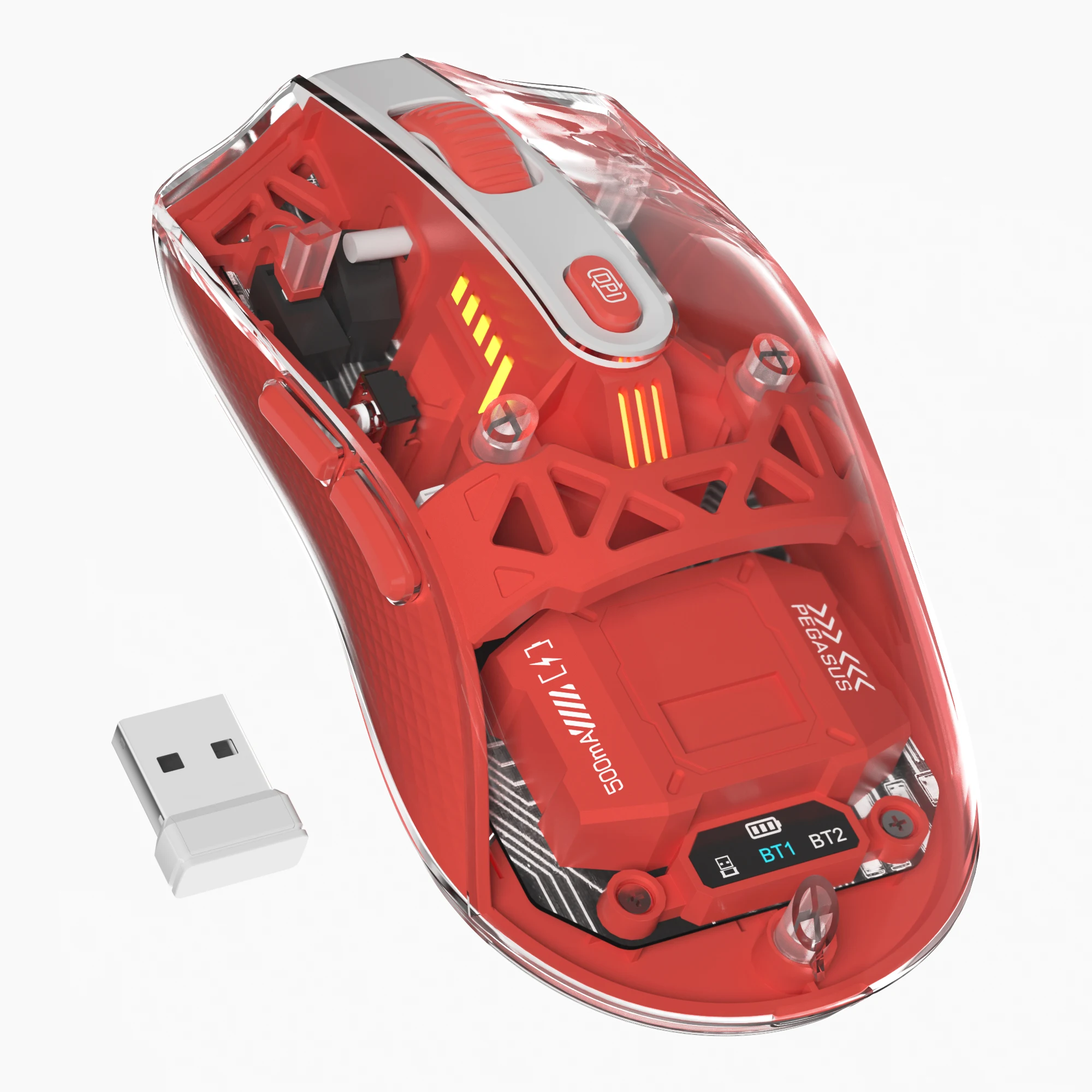 

XVX G805 Tri-Mode Wireless Bluetooth Mouse Type-C Charging Mouse USB-C Receiver Magnetic Design Transparent Red Mouse