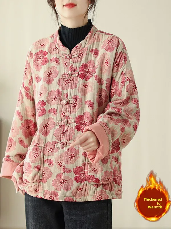 新しい中国風スレ花柄コットンジャケット女性のティエンエドレトロボタンスタンドカラーコットンアウターウェア冬ファッショナブルなコート