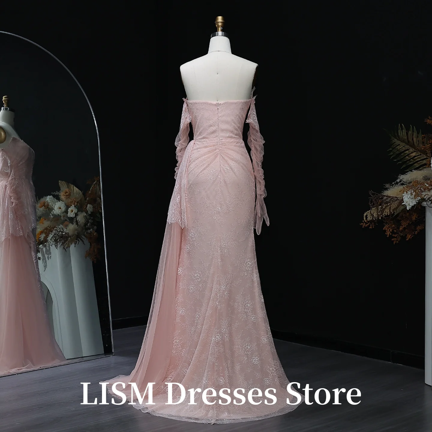 LISM 레이스 핑크 스트랩리스 이브닝 드레스, 장갑 포함, 하이 슬릿 플리츠, 여성용 아랍 프롬 가운, 맞춤 제작