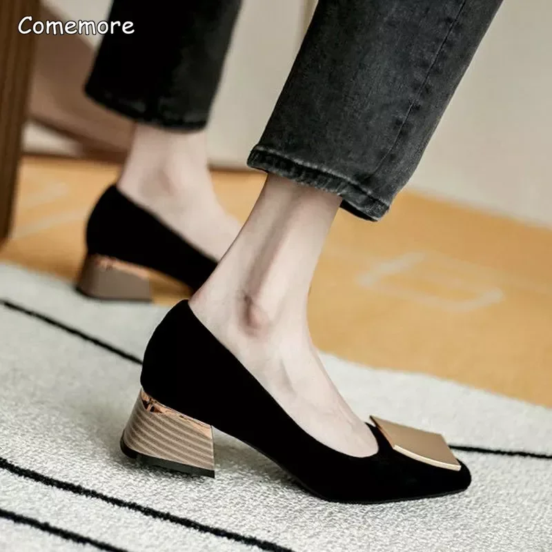 Comemore Trend 2023 Square Heels Women\'s Summer Footwear Office Black Medium Heel Casual Pumps Slip-on Luxury Shoes for Woman 34