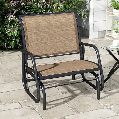 Porch Glider Steel Frame Light Mixed Brown | Swing Glider Chair, Breathable Mesh Fabric, Curved Armrests, for Garden