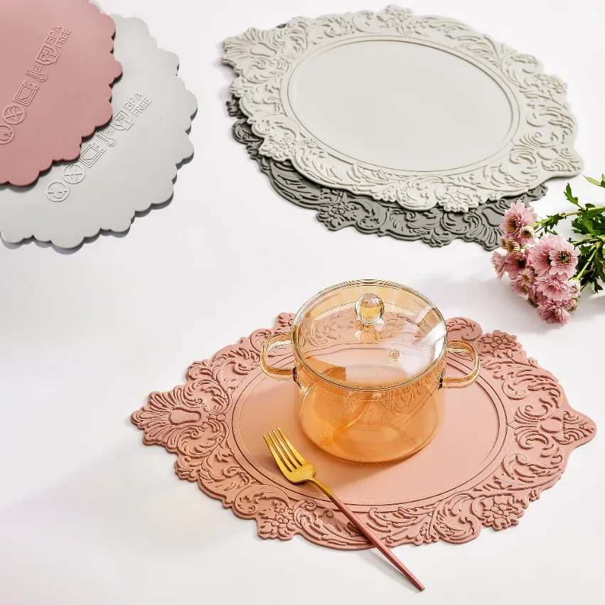 Silicone Placemat Elliptic Flower Coffee Dinner Table Mat 41CM Embossed Pink Coaster Heat Resistant Kitchen Tableware Dining Mat