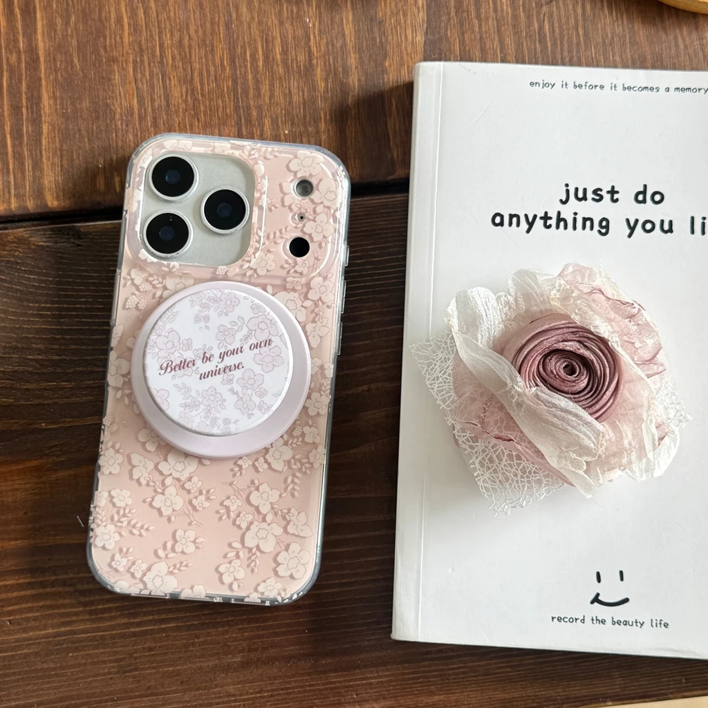 

Красивые нежные розовые цветы с кружевом и держателем, магнитный чехол для телефона с беспроводной зарядкой для iPhone 17, 16, 15, 14 Pro Max