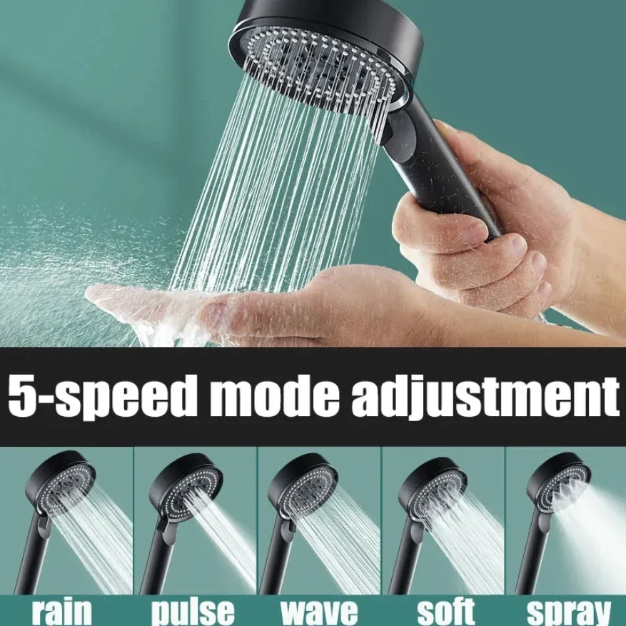 

High Pressure Shower Head 5 Modes Adjustable Showerheads with Hose Water Saving One-Key Stop Spray Nozzle Bathroom Accessories