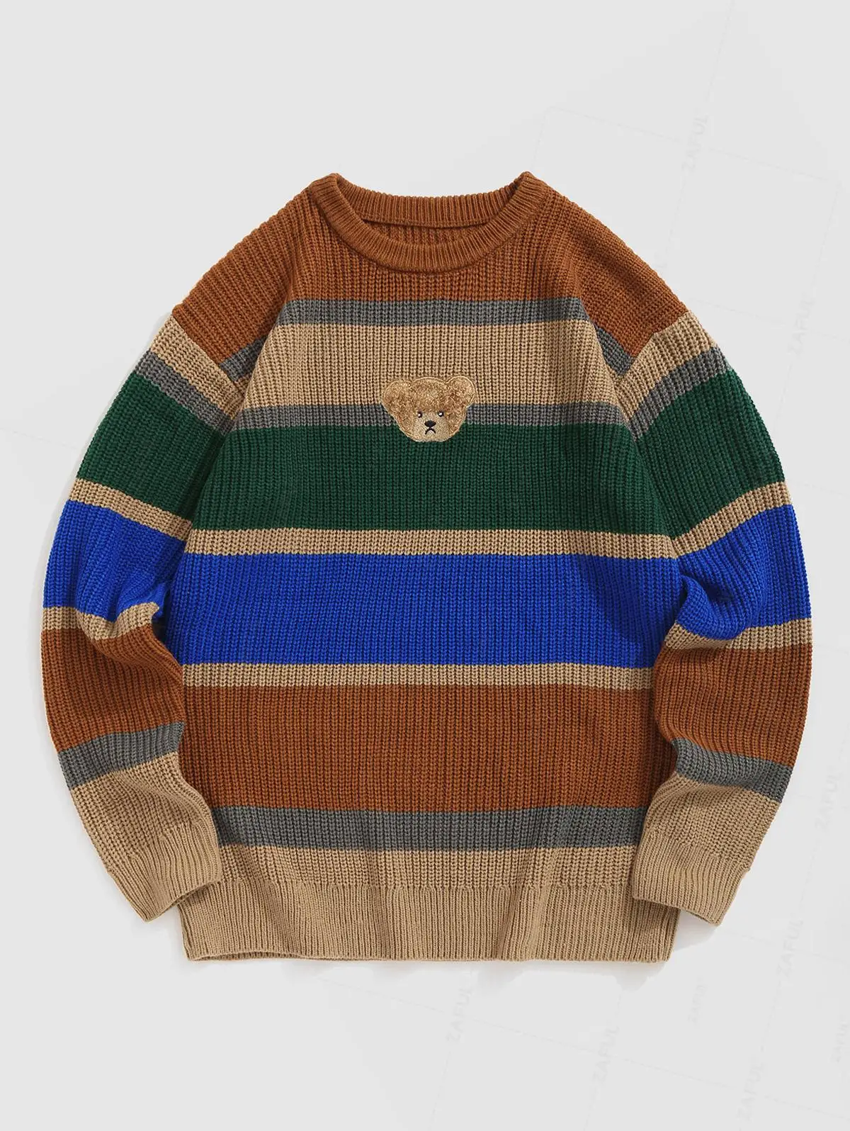 

ZAFUL Men's Colorblock Striped Bear Patched Design Knitted Pullover Sweater