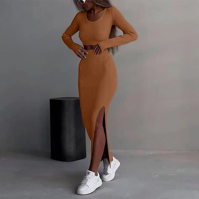 Amazon Abbigliamento da donna di vendita calda Abito elastico lavorato a maglia T-shirt a maniche lunghe Mezza corpo Gonna divisa avvolta sui fianchi Due pezzi