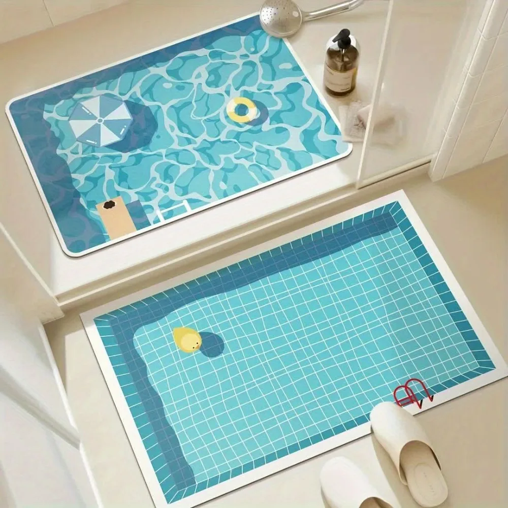 Diatomaceous Earth Cartoon Pool Pattern Bathmat Water-absorbing Anti-slip Floor Mat Scratch Resistant Rectangular Carpet