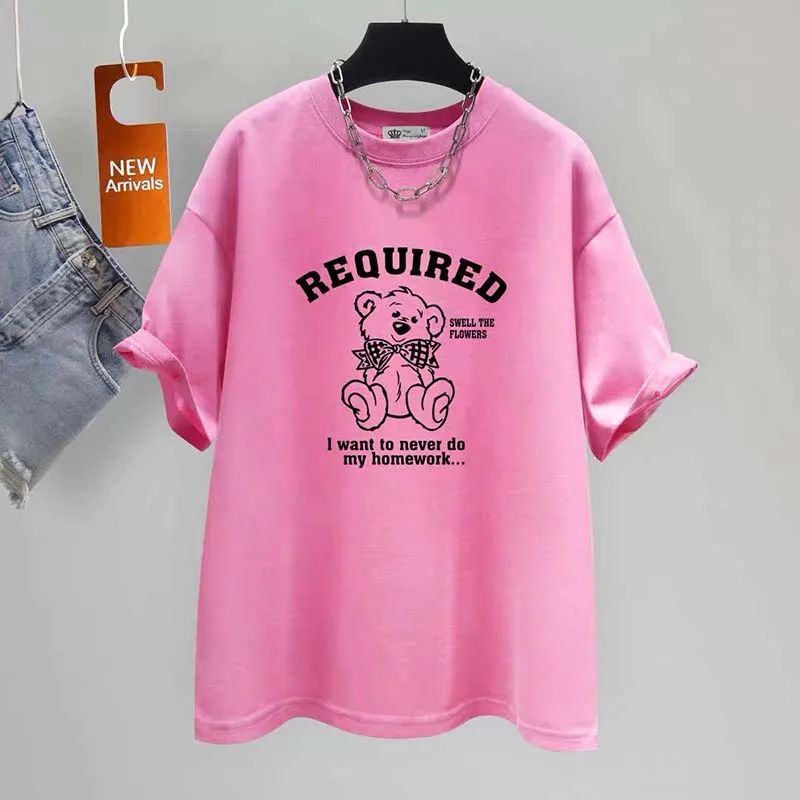 

Women's Clothing Elegant Little Bear Print Top Tee Summer Casual Loose Oversized Short Sleeve T-shirt Lady Pure Cotton Pullovers