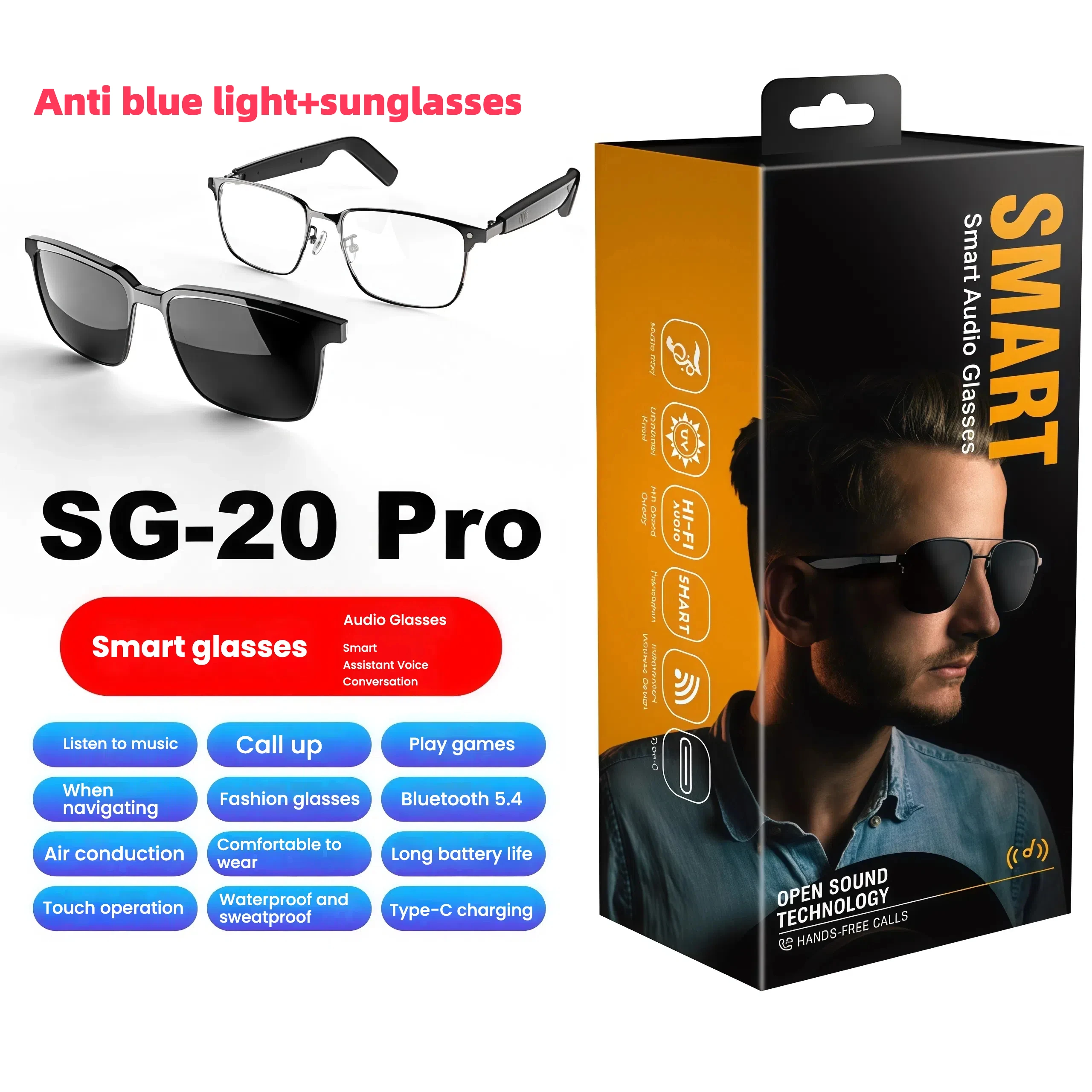 Double Lens Multiple Styles to Choose From Anti Blue Light Sunglasses with Music Listening, 80+80mAh Wireless Headphones, Mobile
