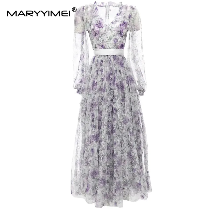 

MARYYIMEI New Fashion Designer Summer dress Women Perspective Mesh Lantern Long Sleeve Flowers Print Long Dresses