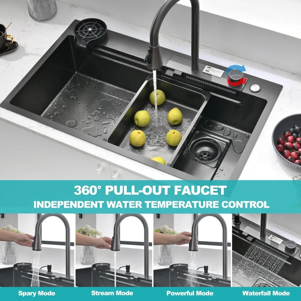 حوض المطبخ 34 بوصة وعاء واحد من الفولاذ المقاوم للصدأ حوض مطبخ متعدد الوظائف مع صنبور 2 في 1 وملحقاتها