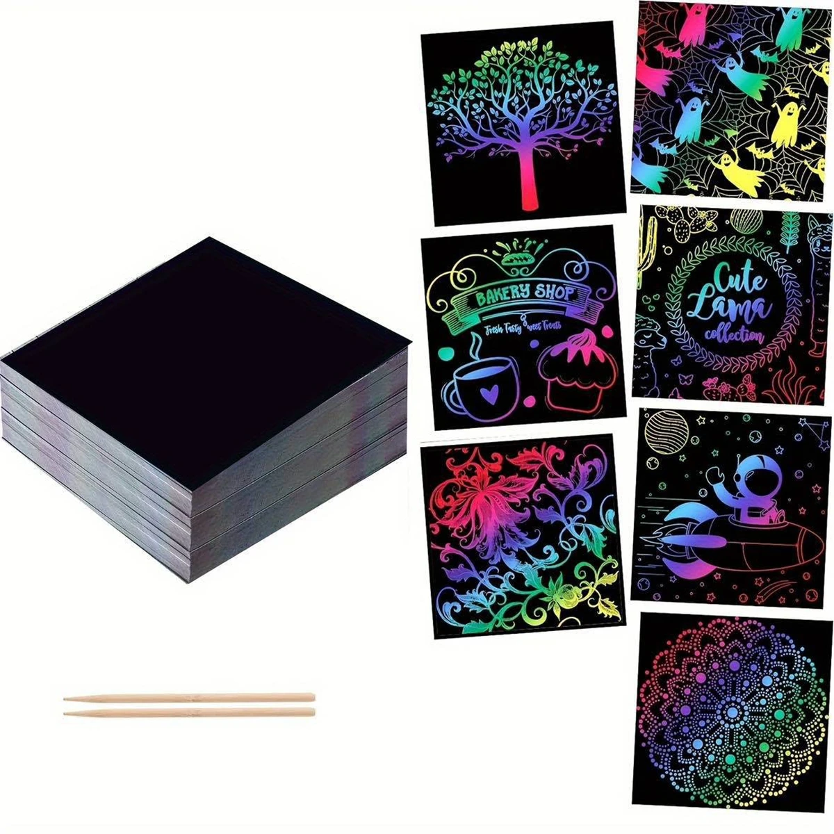 100pcs Scratch Paper Art Set Scratch Off Rainbow Magic Paper with 2 Bamboo Stylus Black Scratch Notes Xmas Birthday Gift Card