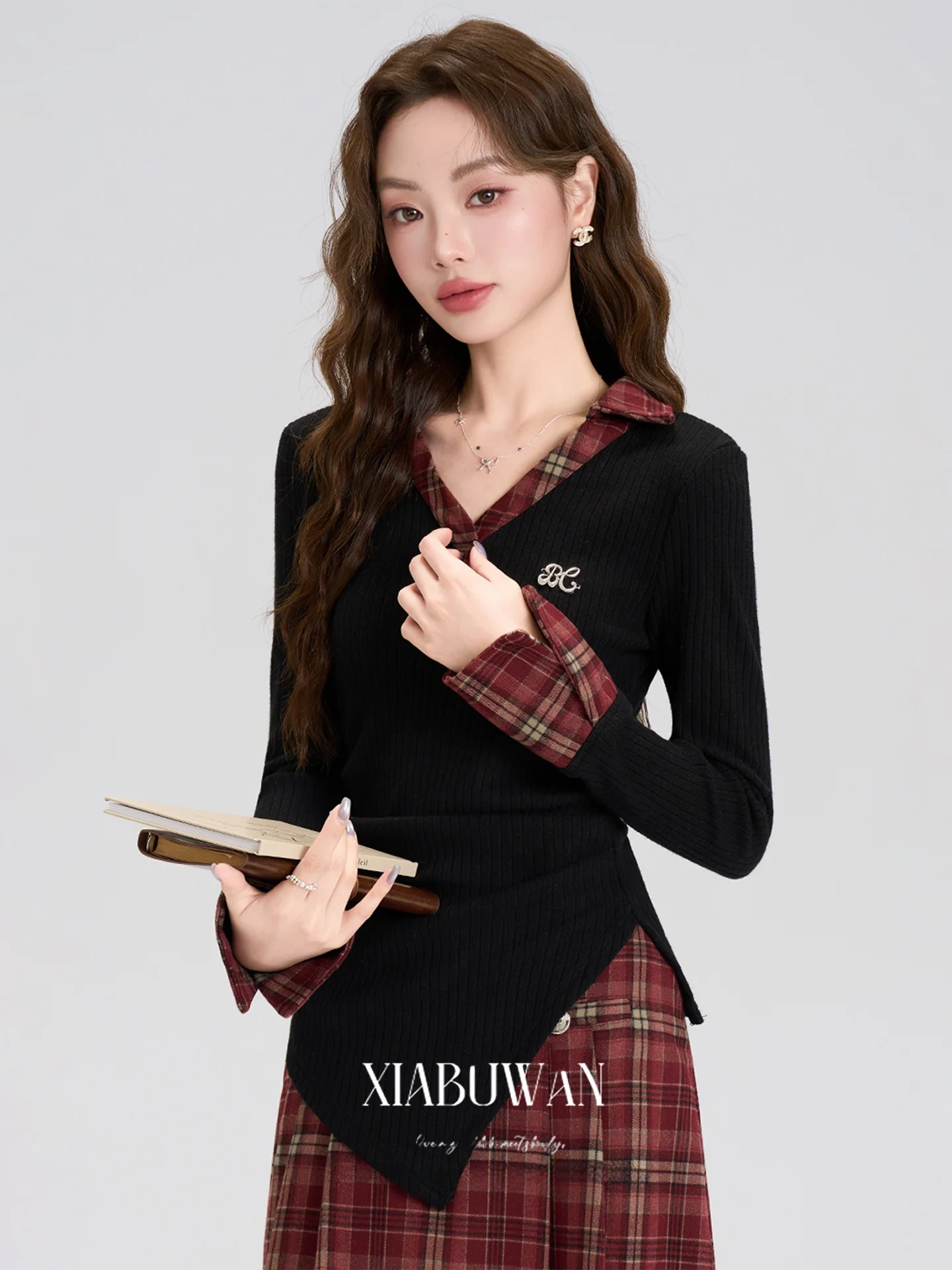 

Retro American College Sle Women's Knitted Sweater Asymmetrical Slim Fit Base Layer Top for Autumn Season