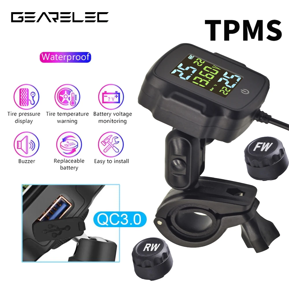 Motorcycle TPMS Motorbike Tire Pressure Monitoring System Tyre Temperature Alarm System with QC 3.0 USB Charger for Phone Tablet