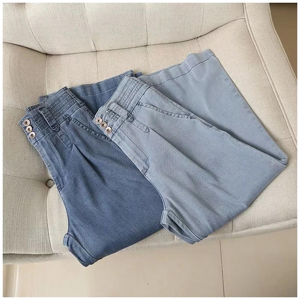 Jeans Sutra Es Tipis Wanita Bersirkulasi Celana Denim Kaki Lebar Pinggang Elastis Tiga Kancing Musim Panas 2025 Celana Jeans Biru Longgar Kasual