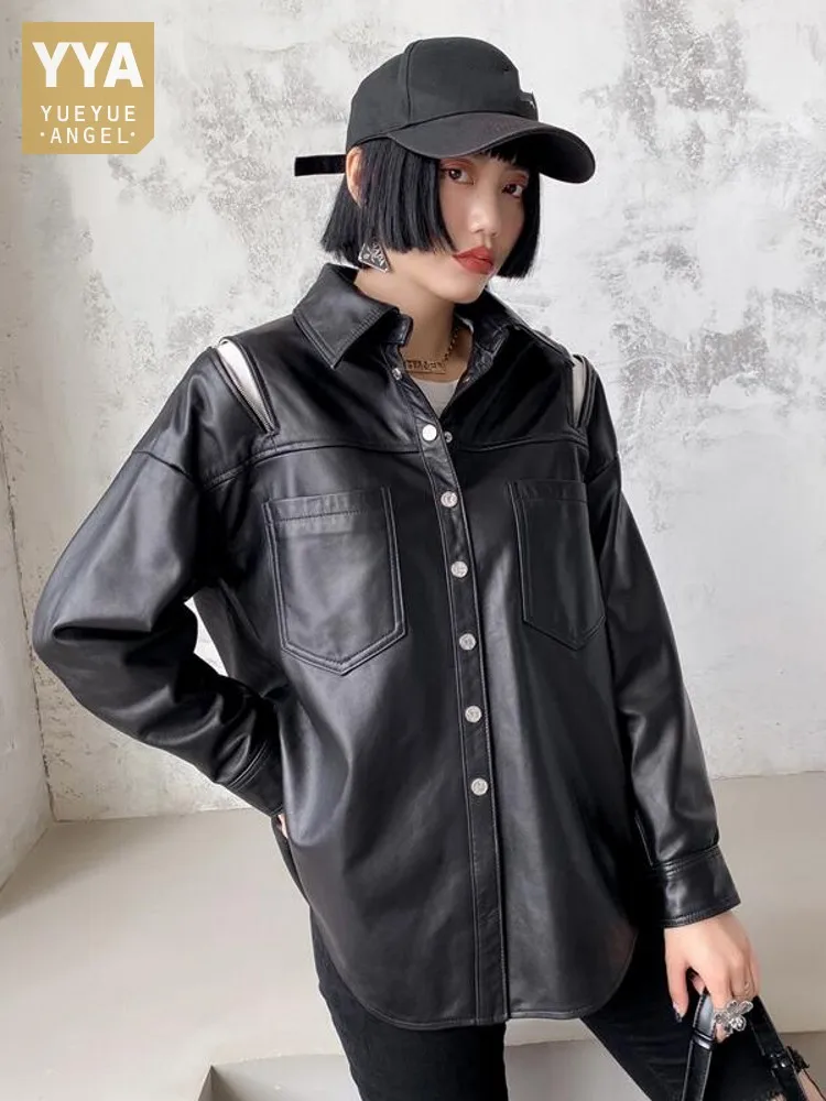 Boyfriend Style Women Loose Fit Sheepskin Genuine Leather Jacket Zip Sleeve Mid Long Top Single Breasted Casual Streetwear Coats