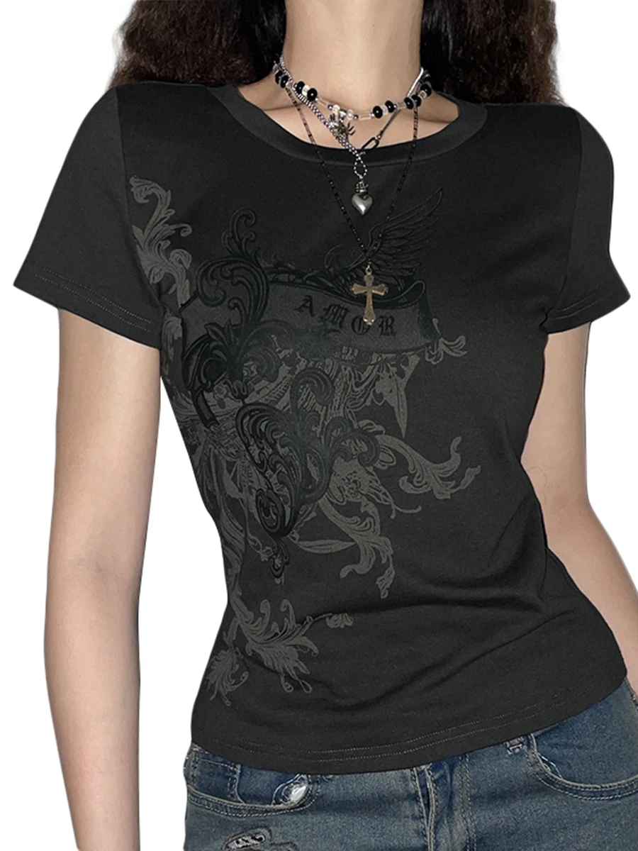 Women Short Goth T-shirt Slim-fit Contrast Color Floral Print Short Sleeve Round Neck Pullover