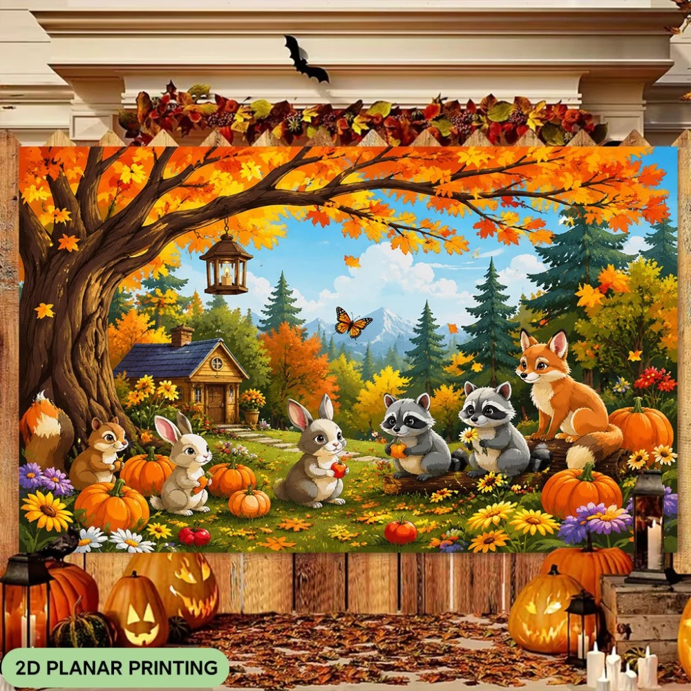 1PC Fall Forest Animals Gathering Print Backdrop Banner, Bedroom Living Room Kitchen Photo Background, Party Decoration