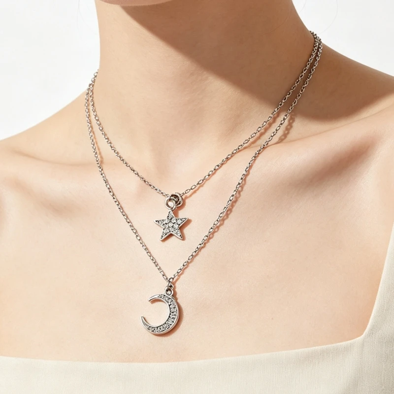 New Bohemian Double-layers Necklaces for Women Silver Color Crystal Star Moon Pendants Female Neck Decoration Party Gifts
