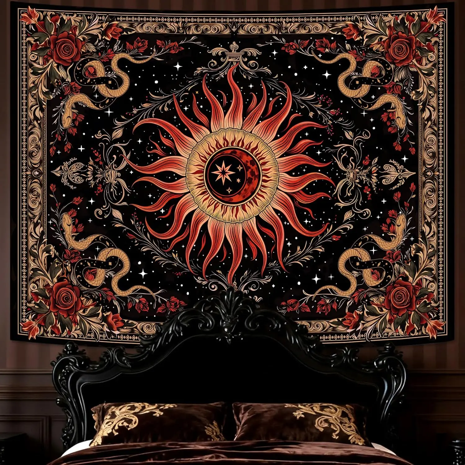 Gothic Sun Tapestry,Vintage Rose Snake Floral Wall Hanging, Mystic Retro Black Red Decor for Home Bedroom Living Room