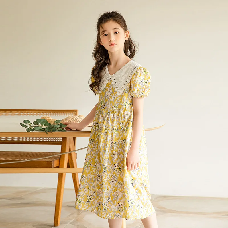 

Skirt 2024 Summer New Middle And Big Children's Short Sleeved Korean Edition Girls' Forest Style Fresh Fragmented Flower Dress