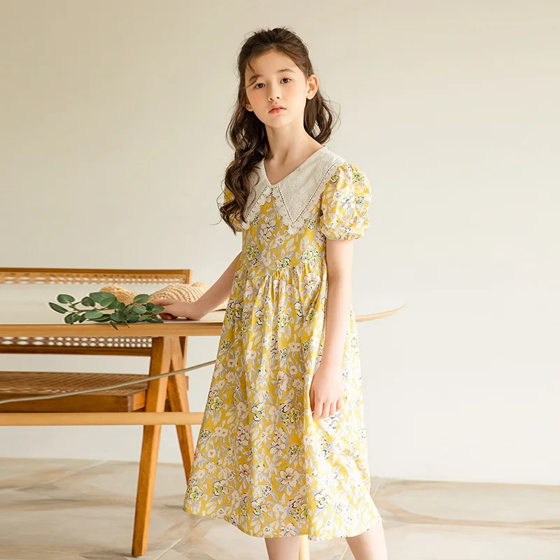 Skirt 2024 Summer New Middle And Big Children's Short Sleeved Korean Edition Girls' Forest Style Fresh Fragmented Flower Dress