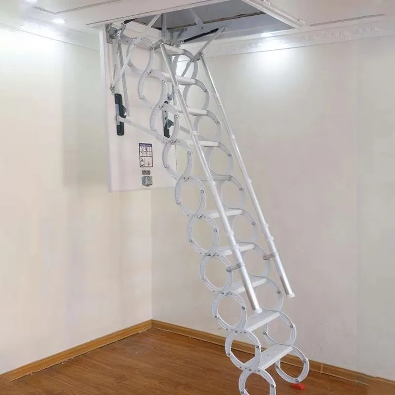 Retractable Wall-Mounted Telescopic Attic Ladder Electric Loft Ladder With Handrail Steel Flexible Stairs Metal Loft Ladders