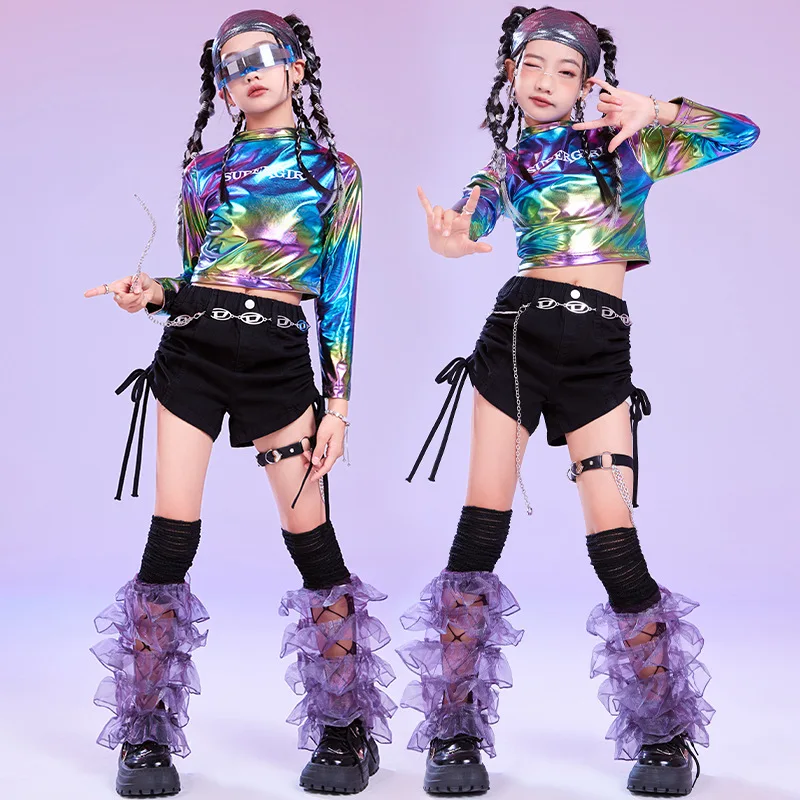 Girls Hip Hop Sets Laser Crop Top K-pop Shorts Street Dance Shiny Clothes Kids Jazz Costume Child Streetwear