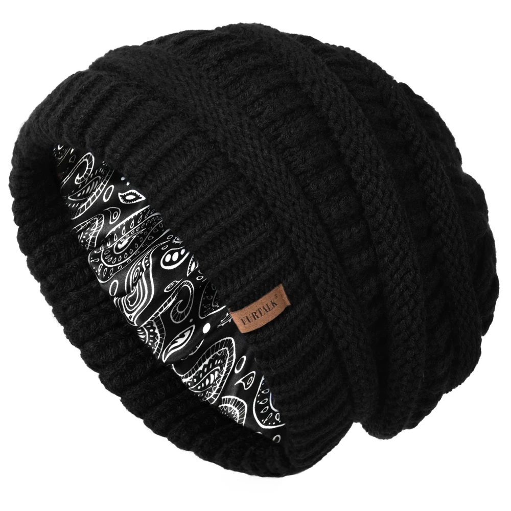FURTALK Winter Satin Lined Beanie Hat for Women Cable Knit  display picture 1